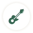 Green guitar icon on white circle background.