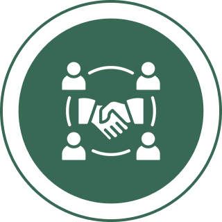 Handshake icon with four surrounding people.
