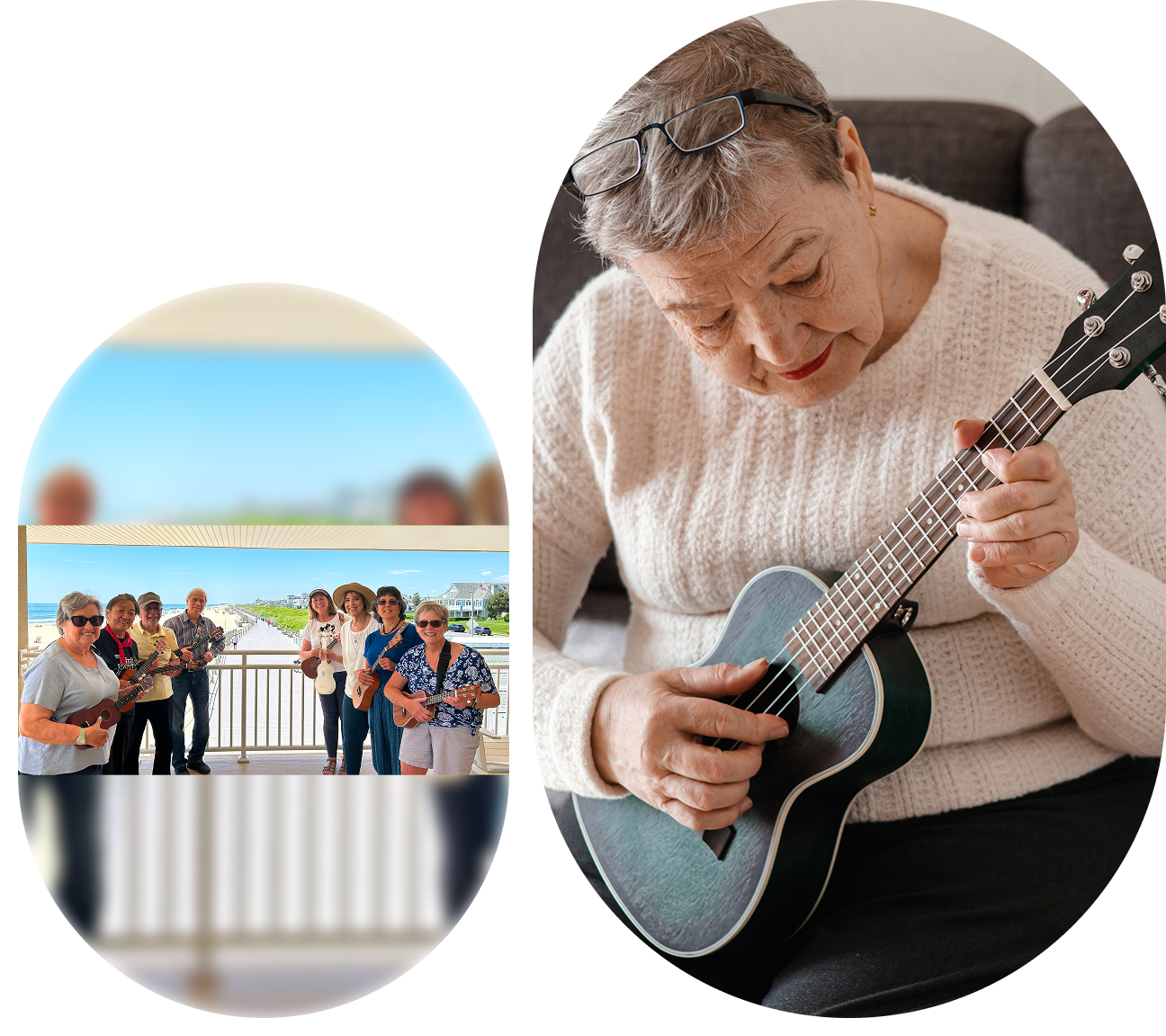 Elderly woman playing guitar and a group enjoying music outdoors.