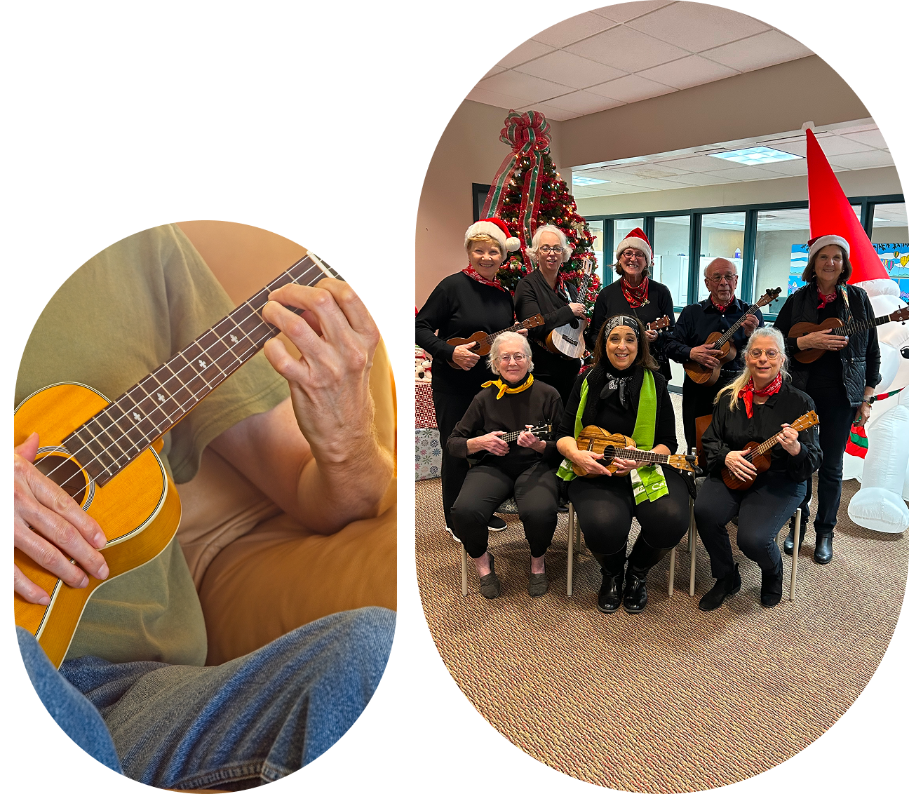 Group of people posing indoors, one person playing guitar.