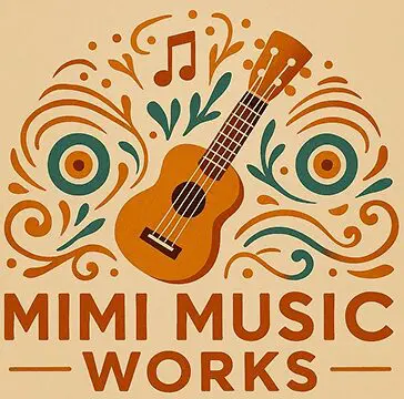 Guitar illustration with musical notes and swirls.