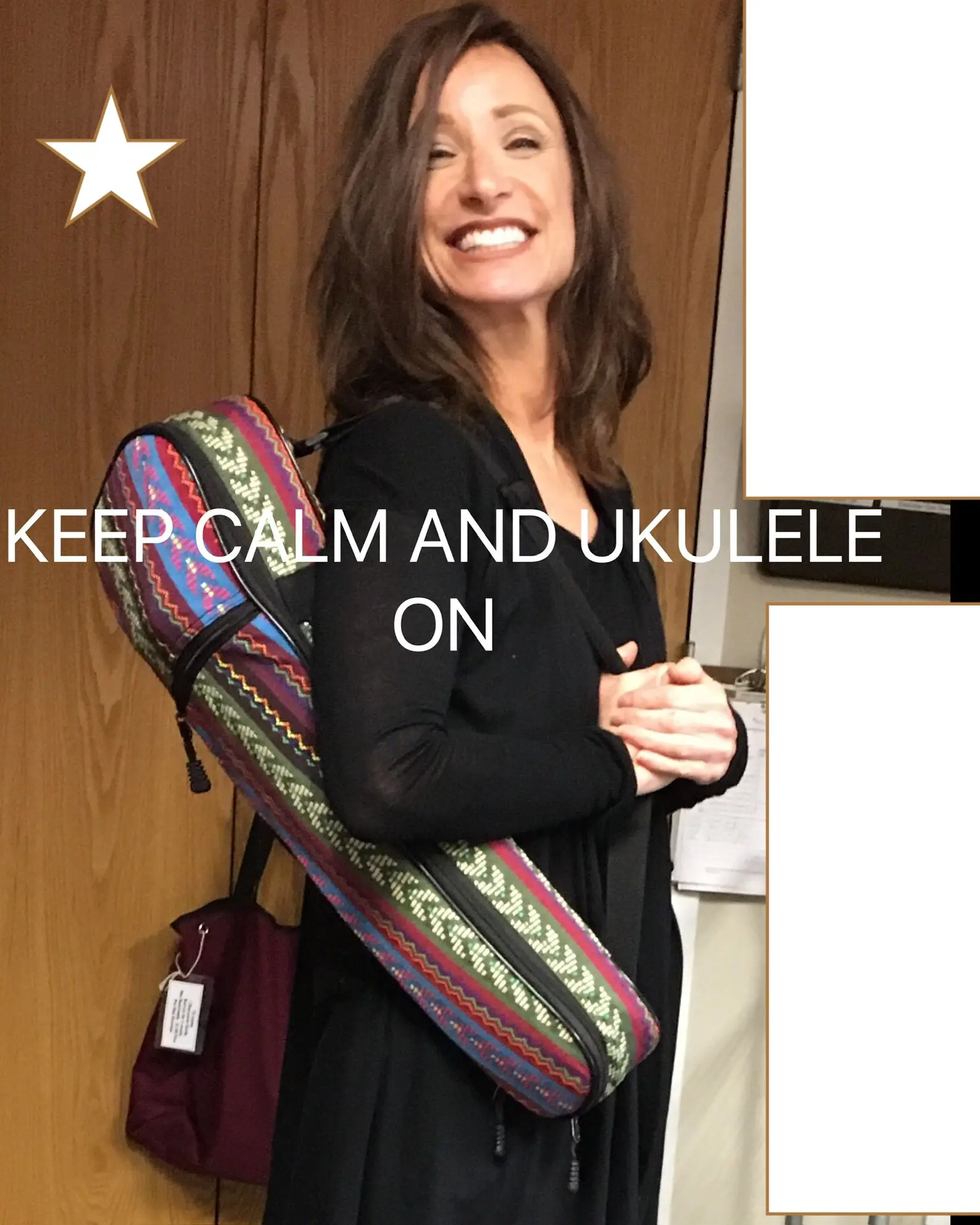 Woman smiling with a colorful ukulele case on her back.