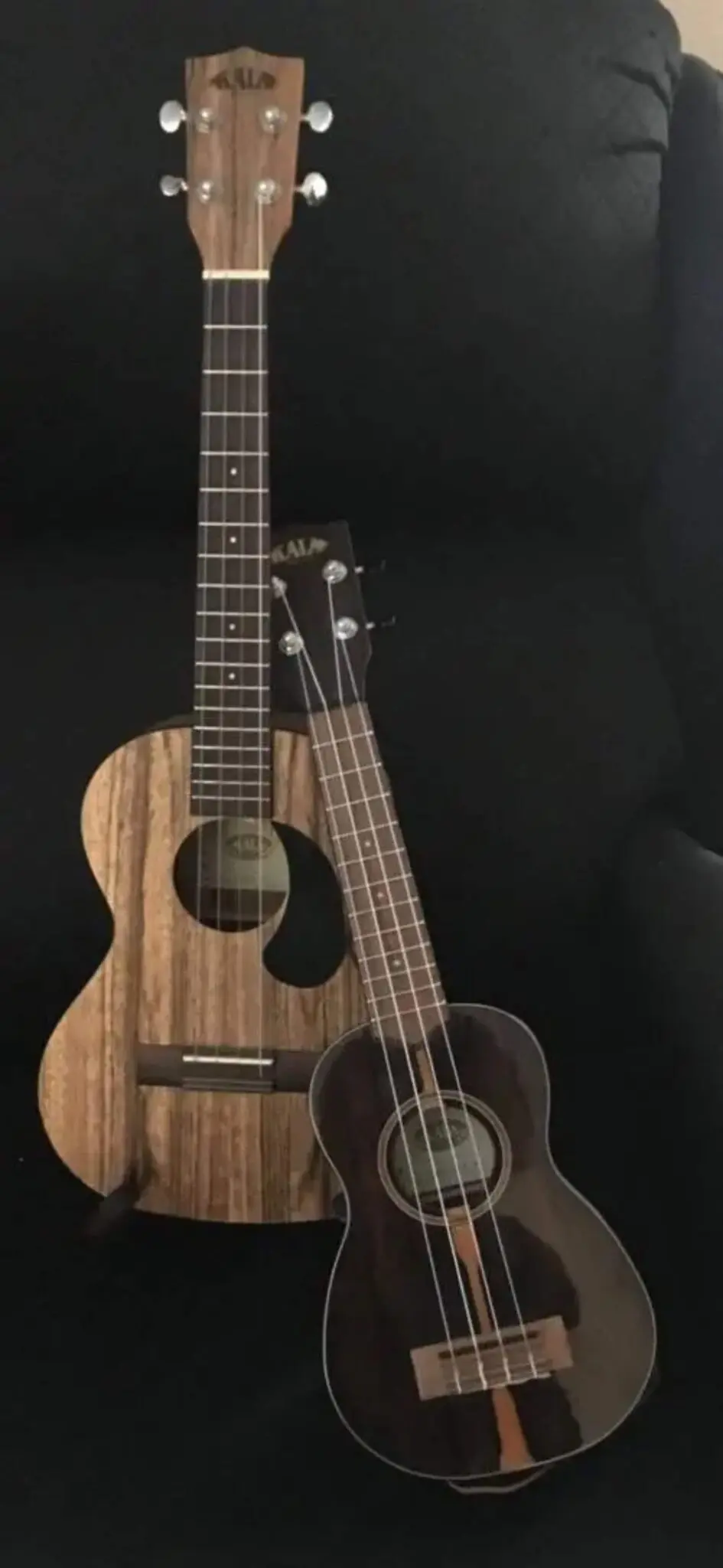 A wooden acoustic guitar and a smaller ukulele side by side.